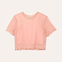 Blusa de tule juvenil com brilho manga curta rosa
