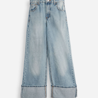 Calça wide leg juvenil jeans com barra dobrada azul