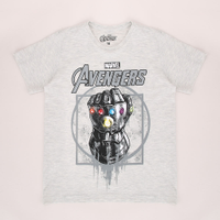 Camiseta Infantil Manopla do Infinito Os Vingadores Manga Curta Gola Careca Cinza Mescla Claro