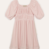 Vestido texturizado juvenil com recorte manga curta rosa