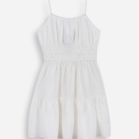 Vestido curto juvenil alça fina com linho e recorte off white