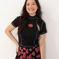 Blusa juvenil canelada com recortes manga curta naruto preta