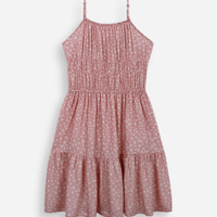 Vestido curto alça fina juvenil de viscose com recorte floral rosa
