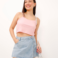 Blusa de tule juvenil com strass alça fina rosa
