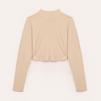 Cropped de viscose juvenil canelado com recorte manga longa bege