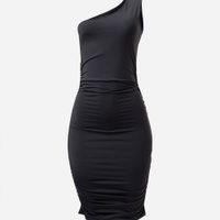 Vestido ombro único juvenil de poliamida franzido preto