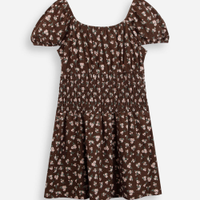 Vestido juvenil franzido floral marrom