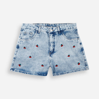 Short infantil mom jeans bordado cereja azul