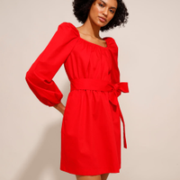 Vestido Curto de Algodão com Faixa para Amarrar Manga Bufante Vermelho
