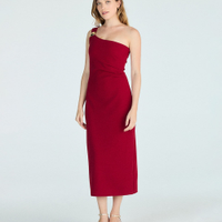 Vestido midi feminino ombro único franzido vermelho