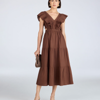 Vestido evasê feminino com babados e recortes marrom