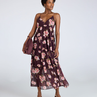 Vestido longo alça fina feminino com recortes floral colorido