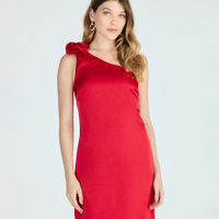 Vestido curto ombro único com flor vermelho