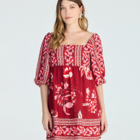 Vestido curto feminino manga bufante floral vermelho