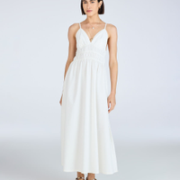 Vestido midi feminino de sarja decote v com pregas off white