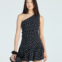 Vestido balonê feminino ombro único poá preto