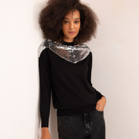 Blusa de tricô manga longa decote redondo com paetê mindset preto