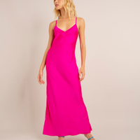 Vestido longo de cetim alça fina decote v com amarração pink