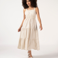 Vestido midi listrado com recortes alça larga decote reto bege