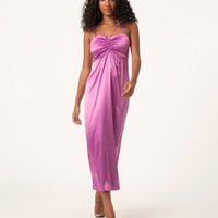 Vestido de cetim midi franzido roxo