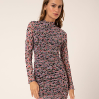 Vestido de tule curto franzido floral preto