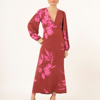 Vestido longo de viscose floral manga bufante terracota