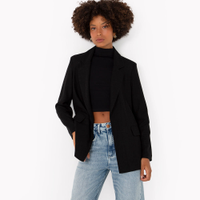 Blazer alongado com linho manga longa preto