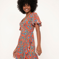 Vestido curto transpassado floral manga curta vermelho