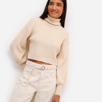 Suéter de tricot canelado cropped gola alta - bege