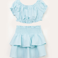 Conjunto infantil listrado blusa manga bufante e saia com babado azul