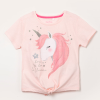 Blusa infantil manga curta com amarração unicórnio rosa