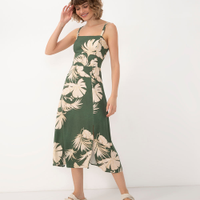 Vestido midi de viscose floral com fenda verde
