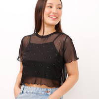 Blusa de tule juvenil com brilho manga curta preta