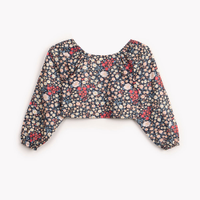 Blusa de algodão floral com elástico manga longa azul marinho