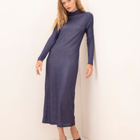 Vestido longo canelado com brilho manga longa mindset azul marinho