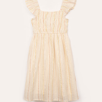 Vestido de algodão infantil listrado metalizado com babado off white