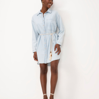 Chemise jeans curta manga longa com cordão azul claro
