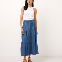 Saia jeans midi cintura super alta cós elástico azul escuro