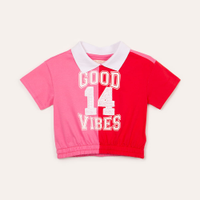 Blusa de algodão infantil college com paetê gola esporte manga curta rosa