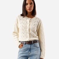 Cardigan feminino de tricot texturizado com pérolas off white