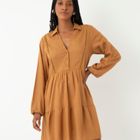 Vestido com linho curto manga longa - marrom