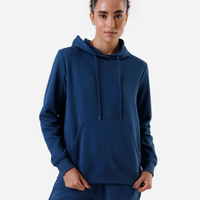 Blusa feminina de moletom com capuz e bolso azul