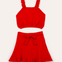 Conjunto infantil de laise alça franzida vermelho