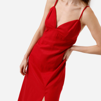 Vestido midi feminino com linho alça fina vermelho
