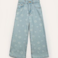 Calça jeans infantil wide leg flores azul claro