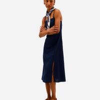 Vestido midi feminino com linho decote quadrado azul