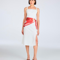 Vestido midi com linho decote quadrado off white