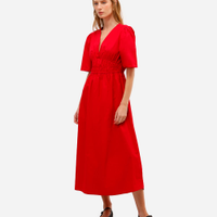 Vestido midi feminino de algodão decote v vermelho