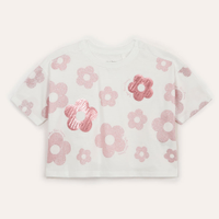Camiseta de algodão infantil floral com paête off white
