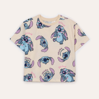 Blusa de algodão infantil stitch manga curta bege